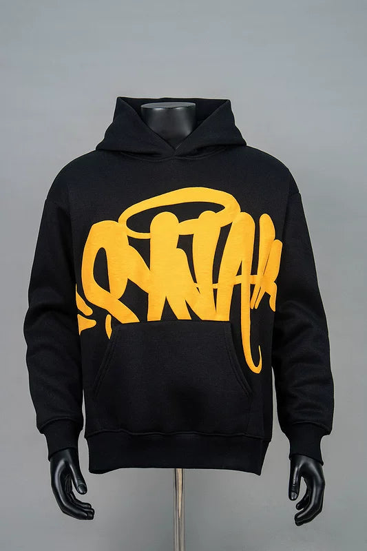 Graffiti Print Long-Sleeve Hooded Sweatshirt – Black / Yellow