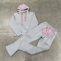 Syna World Graphic Fleece Hoodie Tracksuit Set (Grey / Pink)