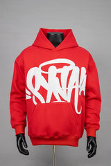 Graffiti Print Long-Sleeve Hooded Sweatshirt – Red / White
