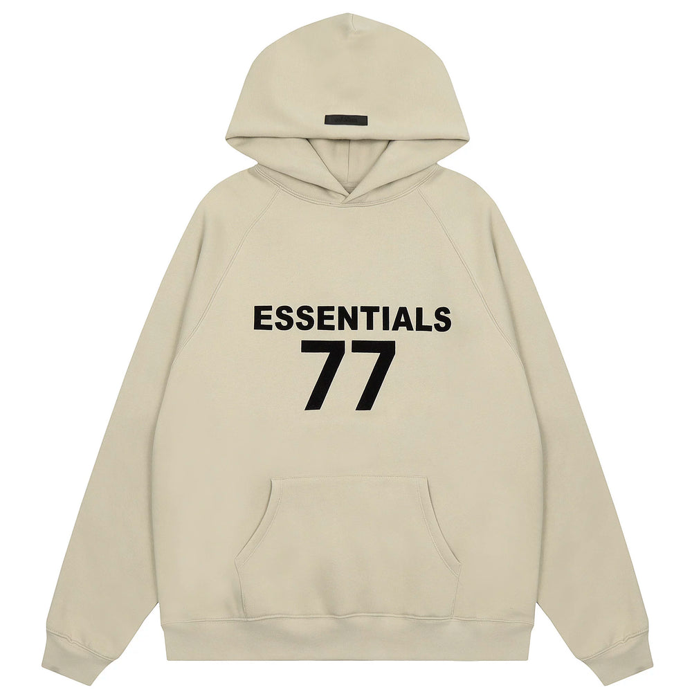 Essentials Fear of God 77 Logo Heavyweight Fleece Hoodie – Light Khaki / Black