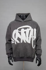 Graffiti Print Long-Sleeve Hooded Sweatshirt – Dark Grey / White