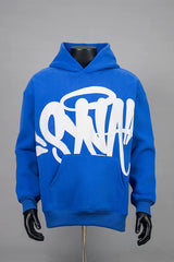 Graffiti Print Long-Sleeve Hooded Sweatshirt – Blue / White