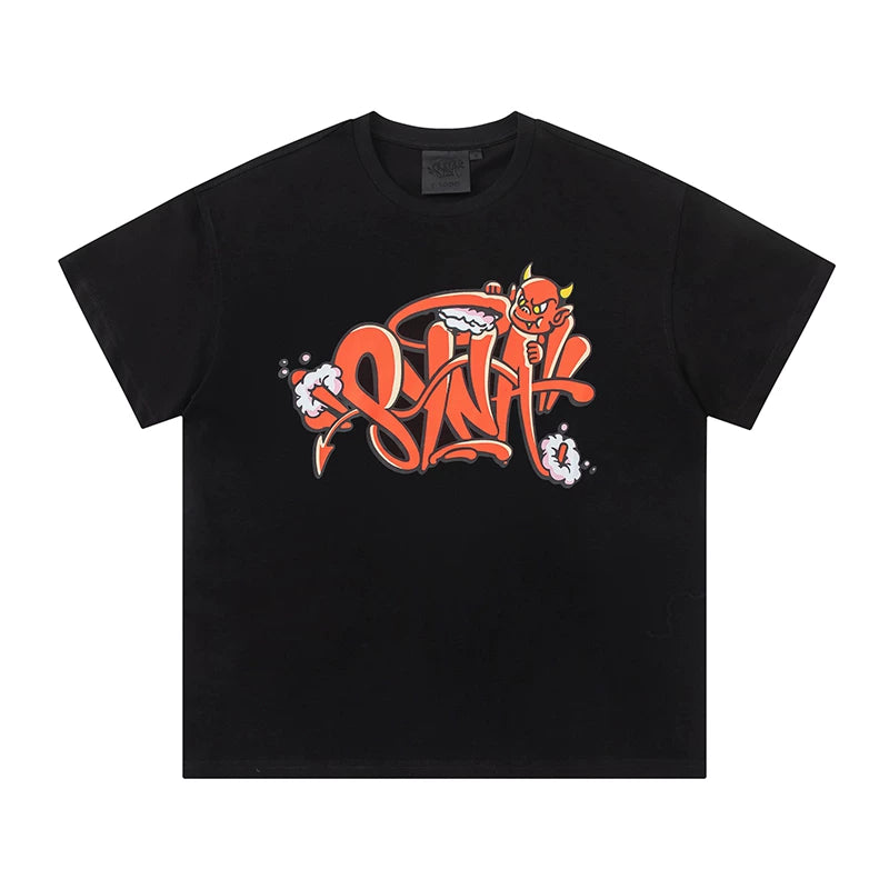 Syna World Red Devil Graffiti Graphic Oversized Tee (Black / Orange / Red)
