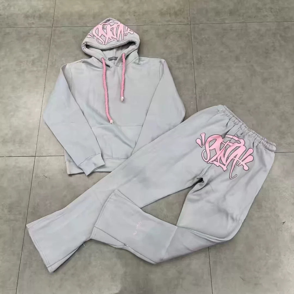 Syna World Graphic Fleece Hoodie Tracksuit Set (Grey / Pink)