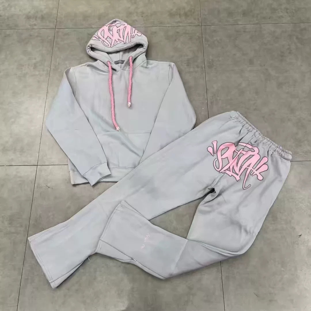 Syna World Graphic Fleece Hoodie Tracksuit Set (Grey / Pink)