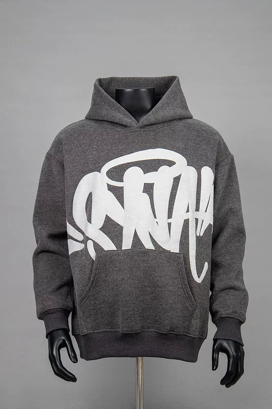 Graffiti Print Long-Sleeve Hooded Sweatshirt – Dark Grey / White