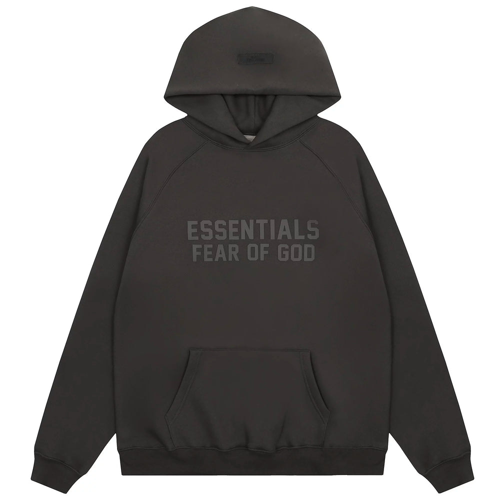 Essentials Fear of God 5 Logo Heavyweight Fleece Hoodie – Dark Charcoal / Black